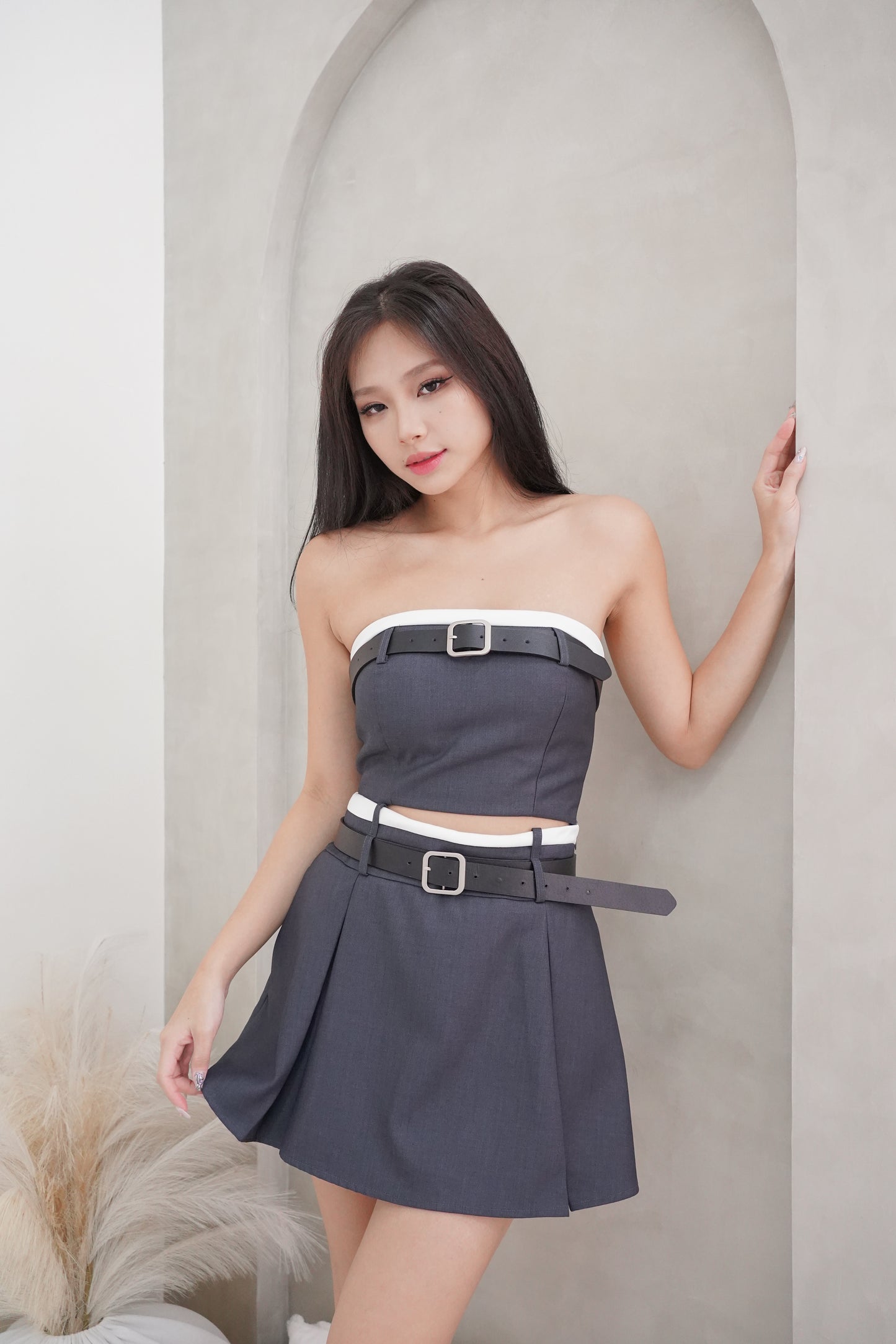 Brielle Belted Contrast Pleated Skort (Grey)