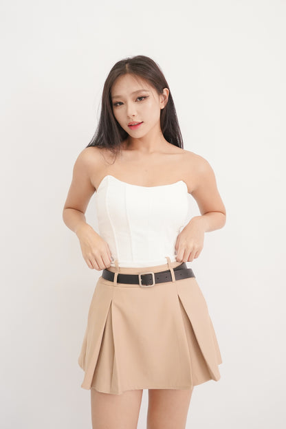 Brielle Belted Contrast Pleated Skort (Khaki)