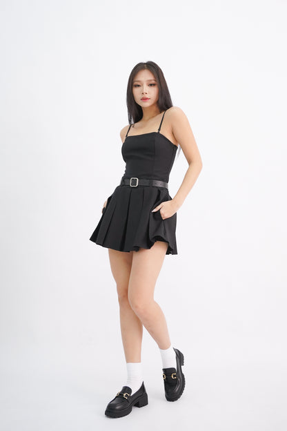 Bria Belted Bandeau Pleated Romper Dress (Black)