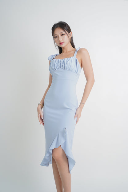 Ari Ruffle Ribbon Dress (Dusty Blue)