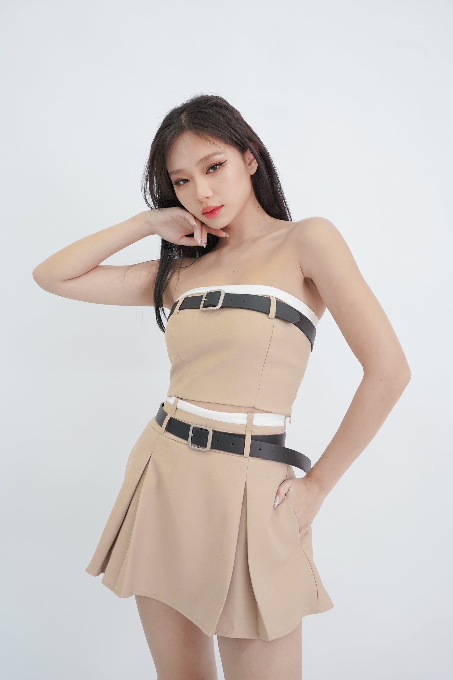 Brielle Belted Contrast Pleated Skort (Khaki)