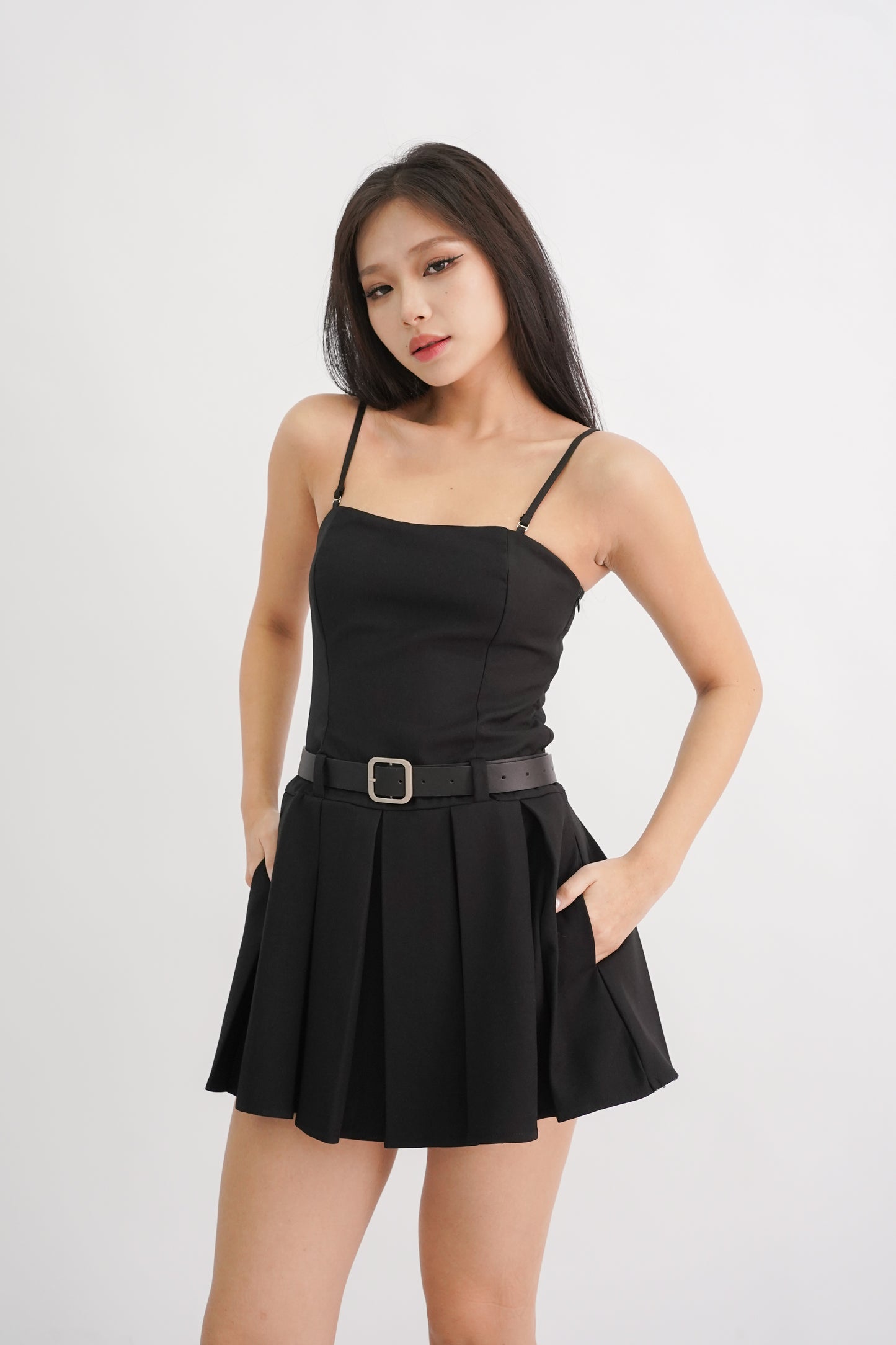 Bria Belted Bandeau Pleated Romper Dress (Black)