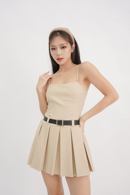 Bria Belted Bandeau Pleated Romper Dress (Sand)