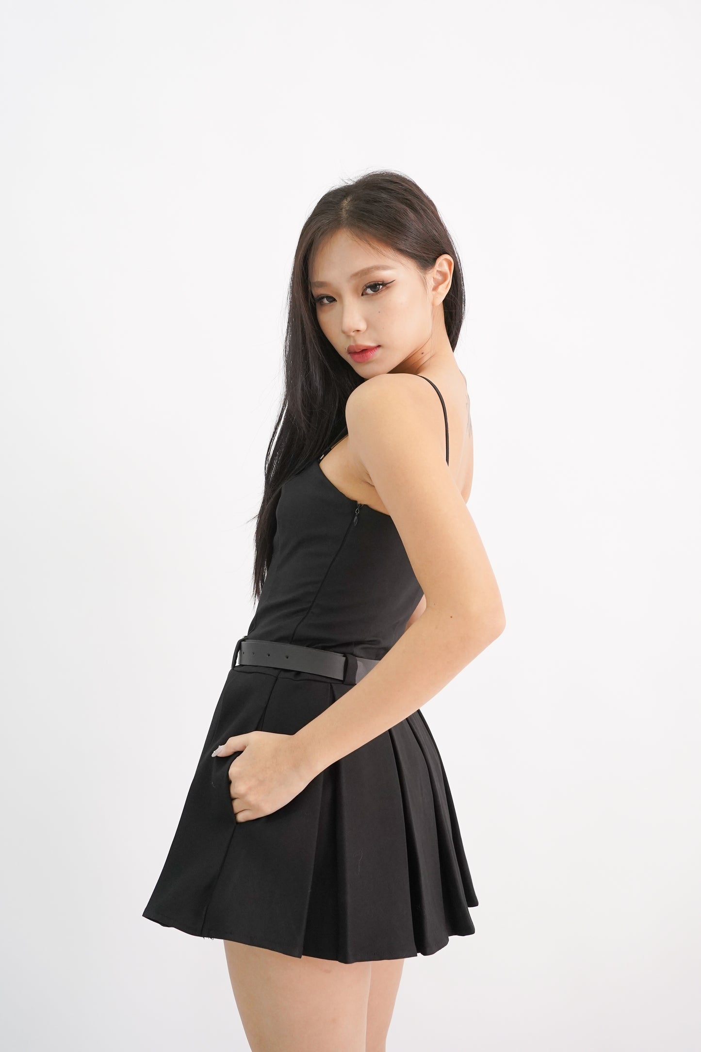 Bria Belted Bandeau Pleated Romper Dress (Black)