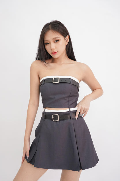 Brielle Belted Contrast Pleated Skort (Grey)