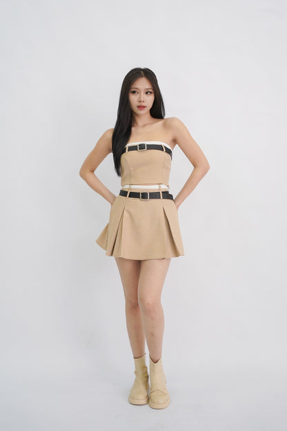 Brielle Belted Contrast Pleated Skort (Khaki)