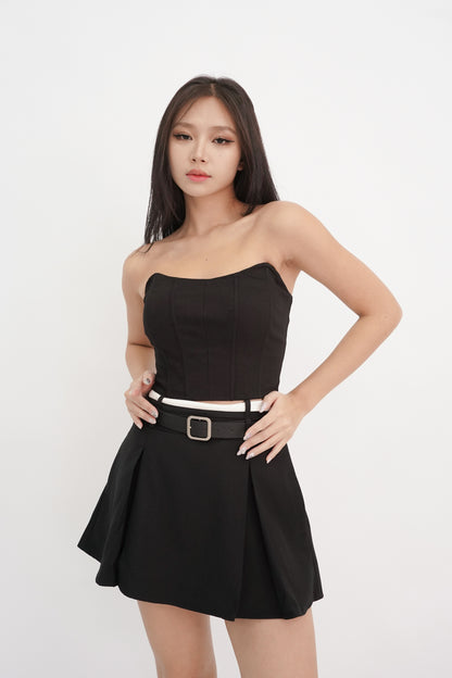 Brielle Belted Contrast Pleated Skort (Black)