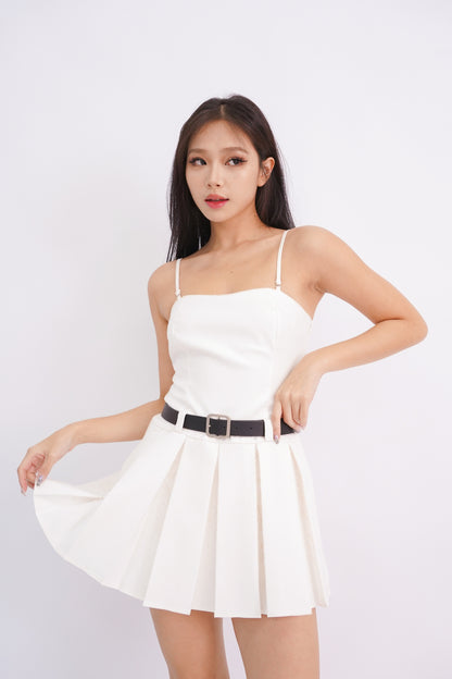 Bria Belted Bandeau Pleated Romper Dress (White)