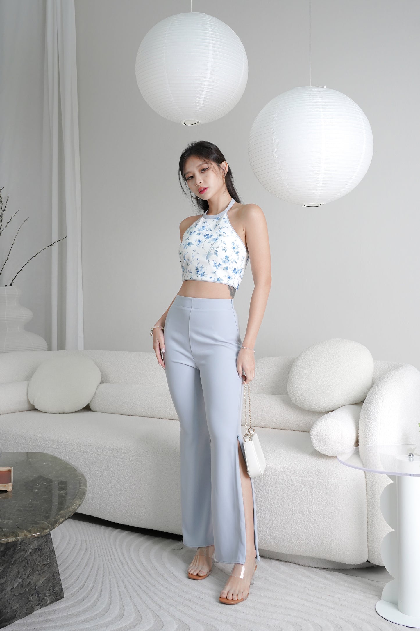 Karla Side Slit Bell Pants (Blue)