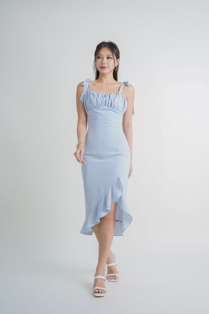 Ari Ruffle Ribbon Dress (Dusty Blue)