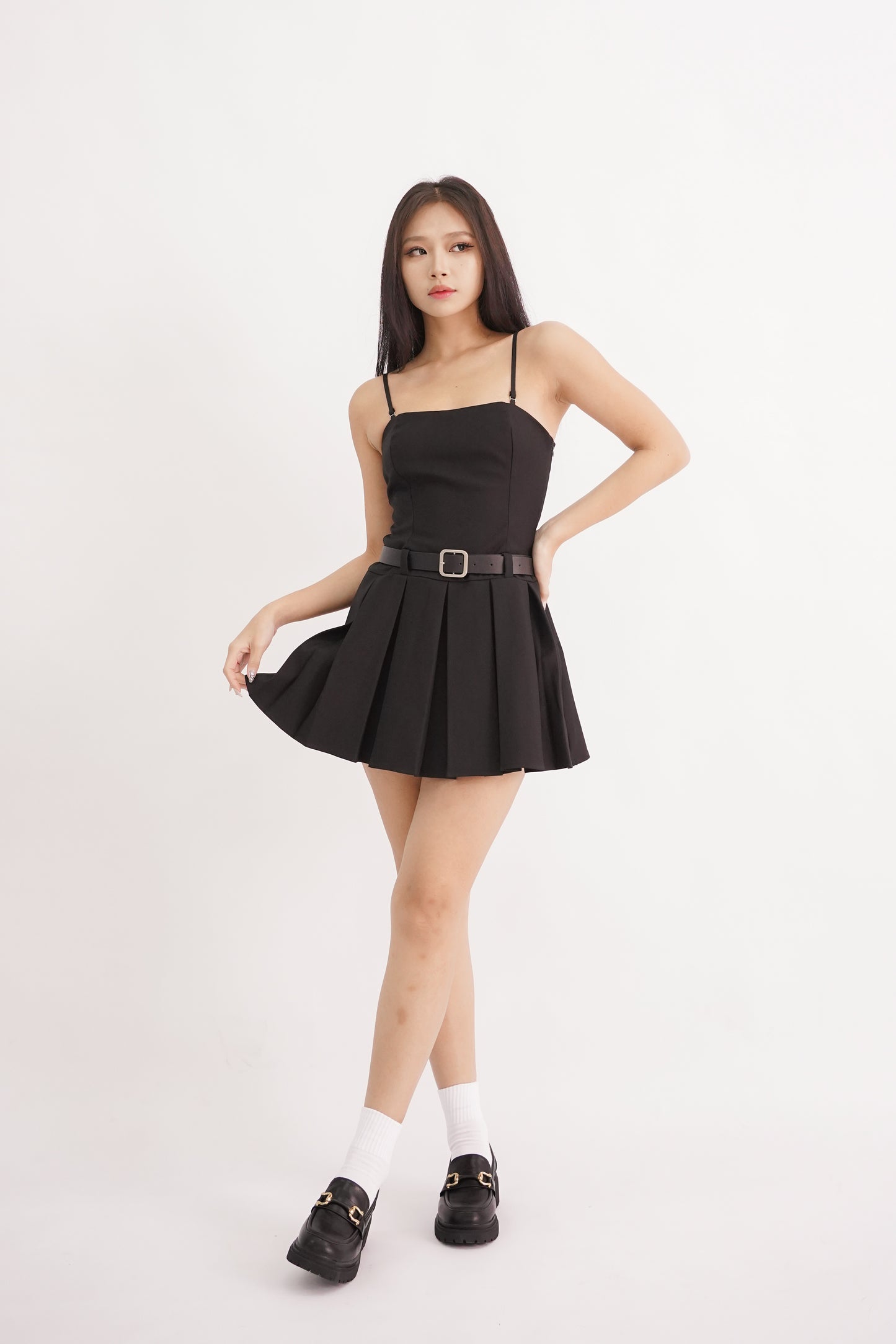 Bria Belted Bandeau Pleated Romper Dress (Black)